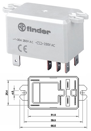 Finder 2 Pole Change-over Relay, DPDT, 30A, 230Vac